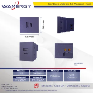 Contácto de Salida USB y Tipo C 1.5 Módulos. Gris