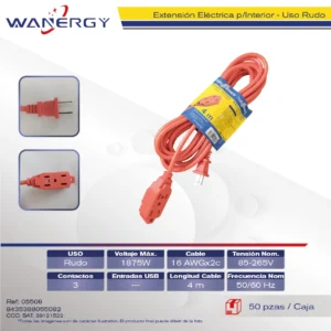 Extension Electrica Interior 3 contactos 4M NARANJA AC85-265V 1875W