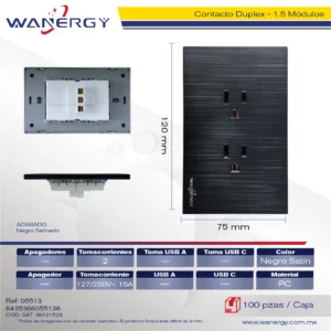 PLACA PREMIUM CONTACTO DUPLEX DE 1.5 MÓDULOS SATINADO NEGRO