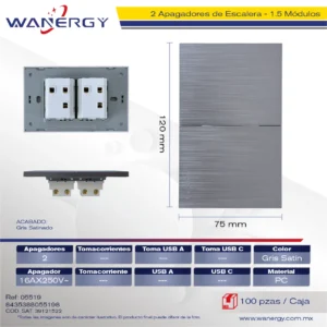 PLACA PREMIUM 2 APAGADORES ESCALERA DE 1.5 MÓDULOS SATINADO GRIS OSCURO