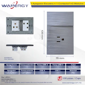 PLACA PREMIUM 1 APAGADOR ESCALERA Y 1 CONTACTO DE 1.5 MÓDULOS SATINADO GRIS OSCURO