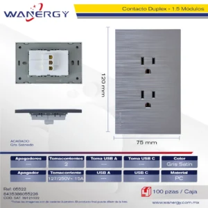 PLACA PREMIUM CONTACTO DUPLEX DE 1.5 MÓDULOS SATINADO GRIS OSCURO