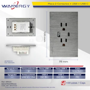 PLACA PREMIUM 2 CONTACTOS Y ENTRADA DE USB Y TIPO C SATINADO GRIS OSCURO