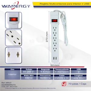 REGLETA MULTICONTACTO DE 5 SALIDAS CON PUERTOS USB DUPLEX Con interruptor ON/OFF 7 PP 0.9