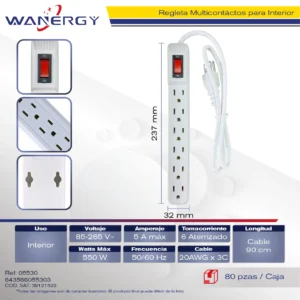 REGLETA MULTICONTACTO DE 6 SALIDA Con interruptor ON/OFF 7 PP 0.9