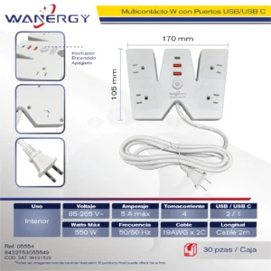 Multicontacto Tipo W Compacta 3 tomas de corriente Puertos USB duplex Y TIPO C Con interruptor ON/OFF 0.75 7 PP USD , 2M
