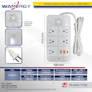 Multicontacto Compacta 5 tomas de corriente Puertos USB duplex Y TIPO C Con interruptor ON/OFF PP 0.75 2M