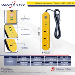Multicontacto Compacta 3 tomas de corriente Puertos USB duplex Y TIPO C Con interruptor ON/OFF 0.75 7 PP USB, , 2M