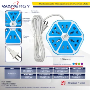 Multicontacto Compacta 4 tomas de corriente y 4 Puertos USB Con interruptor ON/OFF PP 0.75 2M