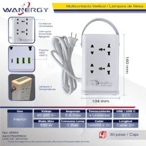 Torre Multicontacto con luz tres tenperaturas Compacta 4 tomas de corriente Puertos USB duplex Con interruptor ON/OFF AB 3 1A USB 2M