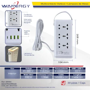 Torre Multicontacto con luz tres tenperaturas Compacta 6 tomas de corriente Puertos USB duplex Con interruptor ON/OFF AB 3 1A USB 2M