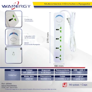 Multicontacto Compacta 4 tomas de corriente Con interruptor ON/OFF PP 0.75 2M