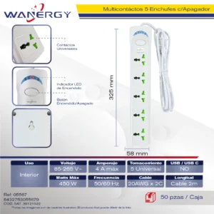 Multicontacto Compacta 5 tomas de corriente Con interruptor ON/OFF PP 0.75 2M