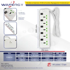 Multicontacto Compacta 5 tomas de corriente Con interruptor ON/OFF PP 0.75 2M