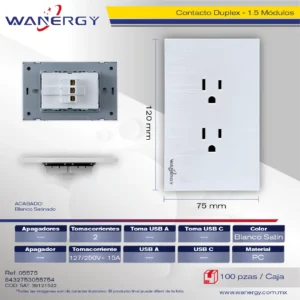 PLACA PREMIUM CONTACTO DUPLEX DE 1.5 MÓDULOS SATINADO BLANCO