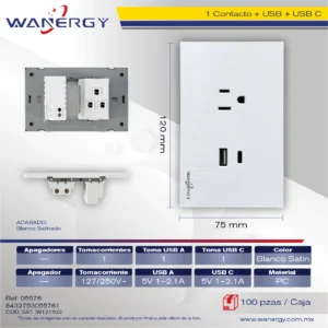 PLACA PREMIUM 1 CONTACTO Y ENTRADA DE USB Y TIPO C SATINADO BLANCO