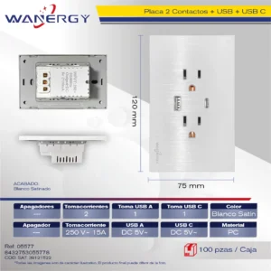 PLACA PREMIUM 2 CONTACTOS Y ENTRADA DE USB Y TIPO C SATINADO BLANCO
