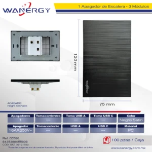 PLACA PREMIUM 1 APAGADOR ESCALERA DE 3 MÓDULOS SATINADO NEGRO