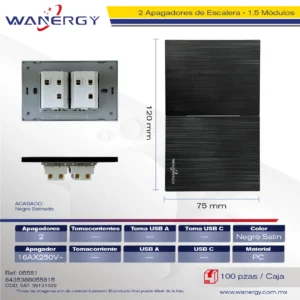 PLACA PREMIUM 2 APAGADORES ESCALERA DE 1.5 MÓDULOS SATINADO NEGRO