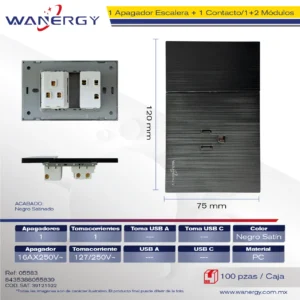 PLACA PREMIUM 1 APAGADOR ESCALERA Y 1 CONTACTO DE 1.5 MÓDULOS SATINADO NEGRO