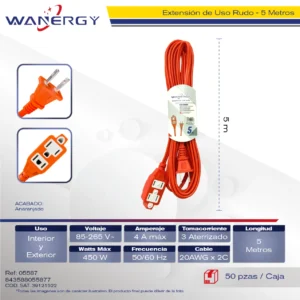 Extension Electrica Interior 3 contactos 5M NARANJA AC85-265V 0.63 7 PVC 5