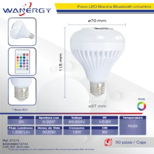 FOCO LED 12W BOCINA RGB BLUETOOTH C/CONTROL