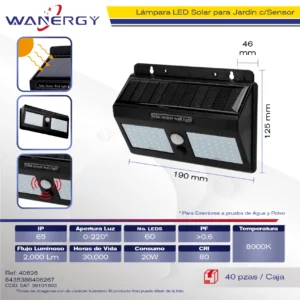 LAMPARA SOLAR C/SENSOR REFLECTOR EXTERIOR JARDIN TYNBD-60D