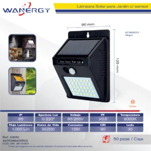 LAMPARA SOLAR C/SENSOR REFLECTOR EXTERIOR JARDIN TYNBD-30D