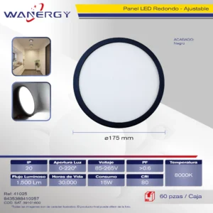 PANEL REDONDO AJUSTABLE 15W MARCO NEGRO