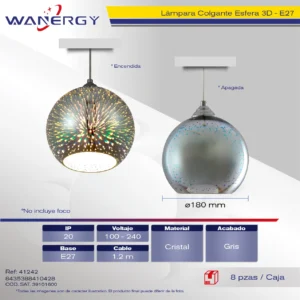 LAMPARA COLGANTE BOLA 3D DECORATIVO MODERNO GRIS