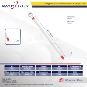 REGLETA LED REDONDA 20W PLASTICO T8 1.2M LED2835 CON CLAVIJA