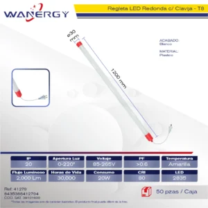 REGLETA LED REDONDA 20W PLASTICO T8 1.2M LED2835 CON CLAVIJA