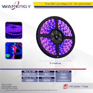 TIRA LED LUZ NEGRA UV 2835-12D 5M SIN ELIMINADOR