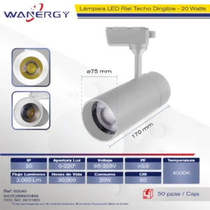 LAMPARA LED RIEL TECHO DIRIGIBLE BLANCO 20W