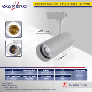 LAMPARA LED RIEL TECHO DIRIGIBLE BLANCO 30W