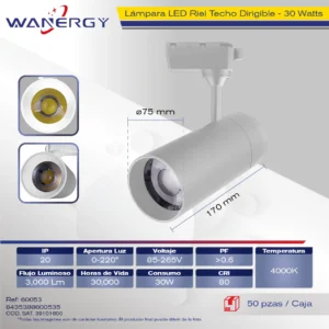 LAMPARA LED RIEL TECHO DIRIGIBLE BLANCO 30W