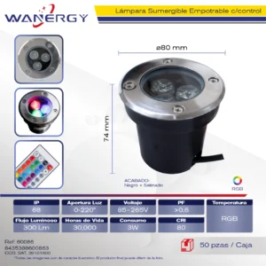 LAMPARA SUMERGIBLE EMPOTRADO SATINADO RGB C/CONTROL