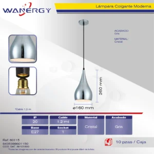 LAMPARA COLGANTE CRISTAL DECORATIVO MODERNO GRIS