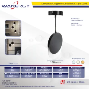LAMPARA COLGANTE TIPO LUNA DECORATIVO MODERNO METALICO Y ACRILICO