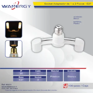ADAPTADOR SOCKET PARA 2 FOCOS 1 A 2 E27