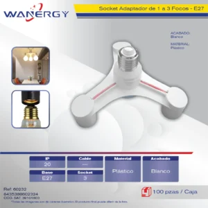 ADAPTADOR SOCKET PARA 3 FOCOS 1 A 3 E27