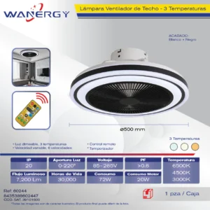 LAMPARA VENTILADOR DE TECHO 3 HOJAS ARO BLANCO Y NEGRO 3 TEMPERATUTAS 6 VELOCIDADES LUZ DIMEABLE C/TEMPORIZADOR C/CONTROL