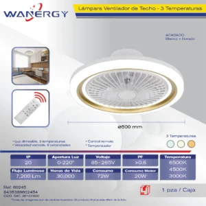 LAMPARA VENTILADOR DE TECHO 3 HOJAS ARO BLANCO Y NEGRO 3 TEMPERATUTAS 6 VELOCIDADES LUZ DIMEABLE C/TEMPORIZADOR C/CONTROL