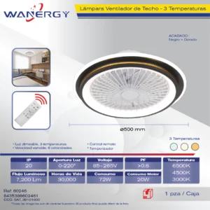 LAMPARA VENTILADOR DE TECHO 3 HOJAS ARO BLANCOY DORADO 3 TEMPERATUTAS 6 VELOCIDADES LUZ DIMEABLE C/TEMPORIZADOR C/CONTROL