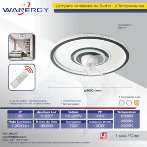 LAMPARA VENTILADOR DE TECHO 3 HOJAS ARO BLANCO Y NEGRO 3 TEMPERATUTAS 6 VELOCIDADES LUZ DIMEABLE C/TEMPORIZADOR C/CONTROL