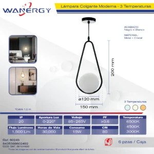 LAMPARA COLGANTE DECORATIVO MODERNO METALICO NEGRO MATE Y CRISTAL OPALINO