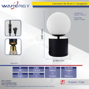LAMPARA DE BURO METALICO NEGRO MATE Y CRISTAL OPALINO