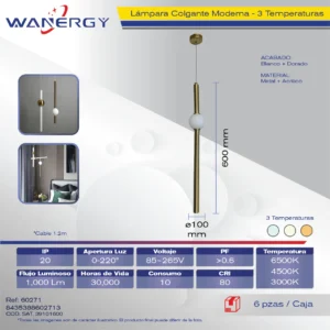 LAMPARA COLGANTE DECORATIVO MODERNO METALICO ORO Y ACRILICO 3 TEMPERATURAS