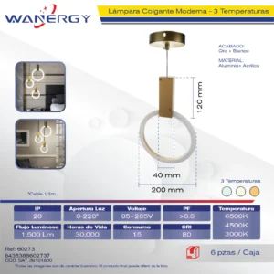 LAMPARA COLGANTE DECORATIVO MODERNO ALUMINIO ORO Y ACRILICO 3 TEMPERATURAS