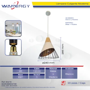 LAMPARA COLGANTE BADMINTON DECORATIVO MODERNO METALICO NEGRO +MADERA